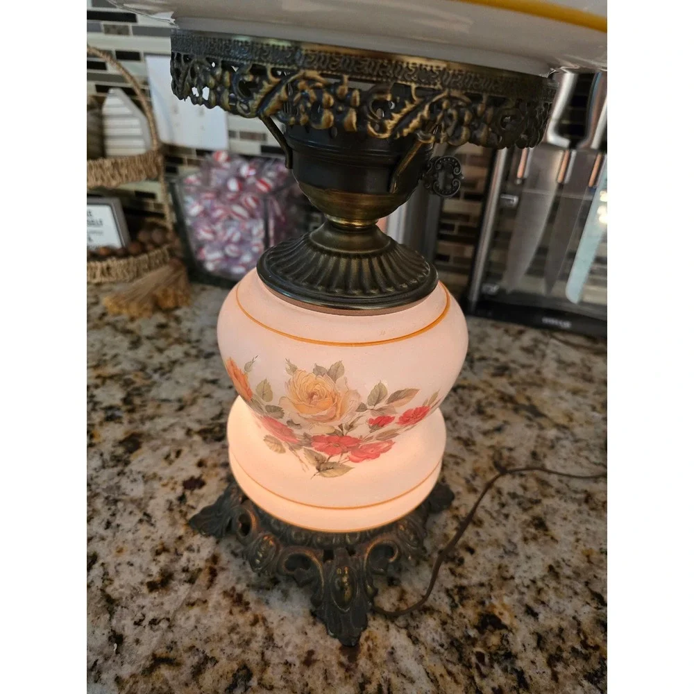 Vintage Hurricane Lamp Floral Milk Glass Gone With The Wind Style 3-Way Light